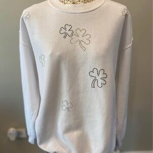 Vintage White Sweatshirt with Bedazzled rhinestone clovers